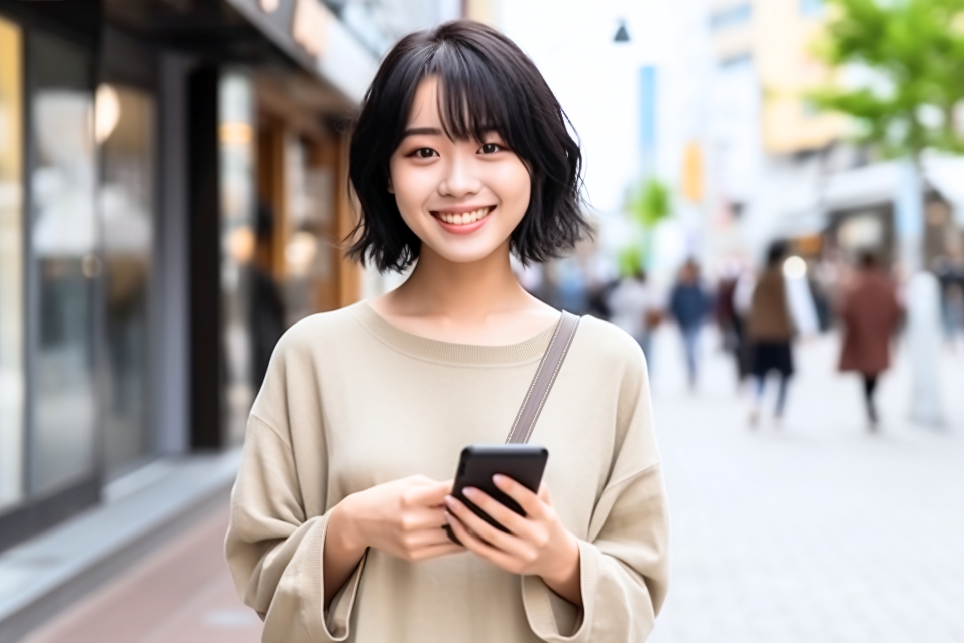 女性がスマホを持ち、笑いかけている写真